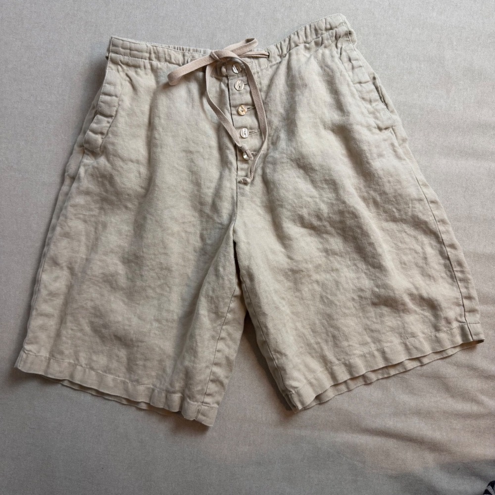 Chadwick's Womens 100% Linen Shorts Beige Button Front Drawstring Size 10 - Picture 1 of 9